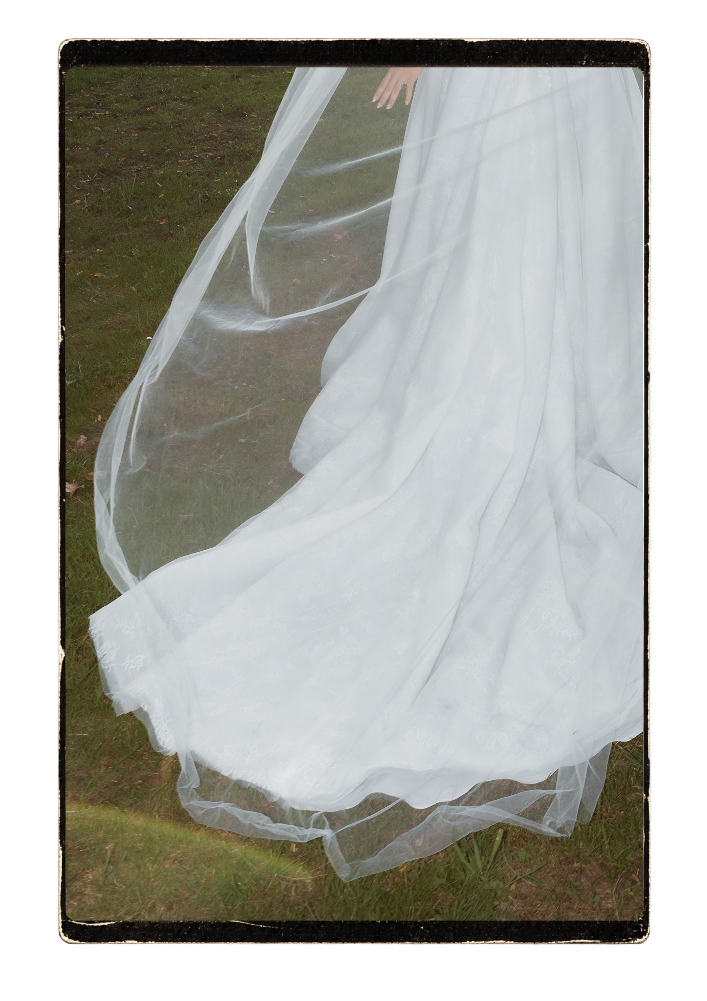 Ausschnitt des Brautkleids mit wehendem Tüllschleier über einer Wiese, Aufnahme mit Filmrand